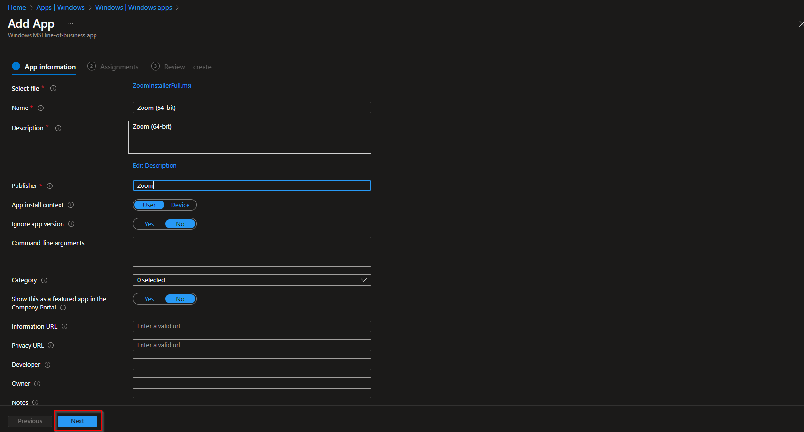 Uploading the Zoom MSI package in Intune